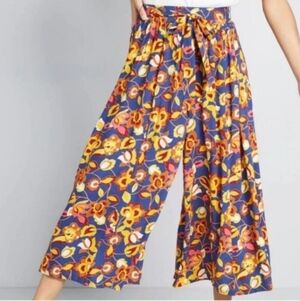 Modcloth Blue Yellow Floral Wide Leg Unbridled Enthusiasm Pant